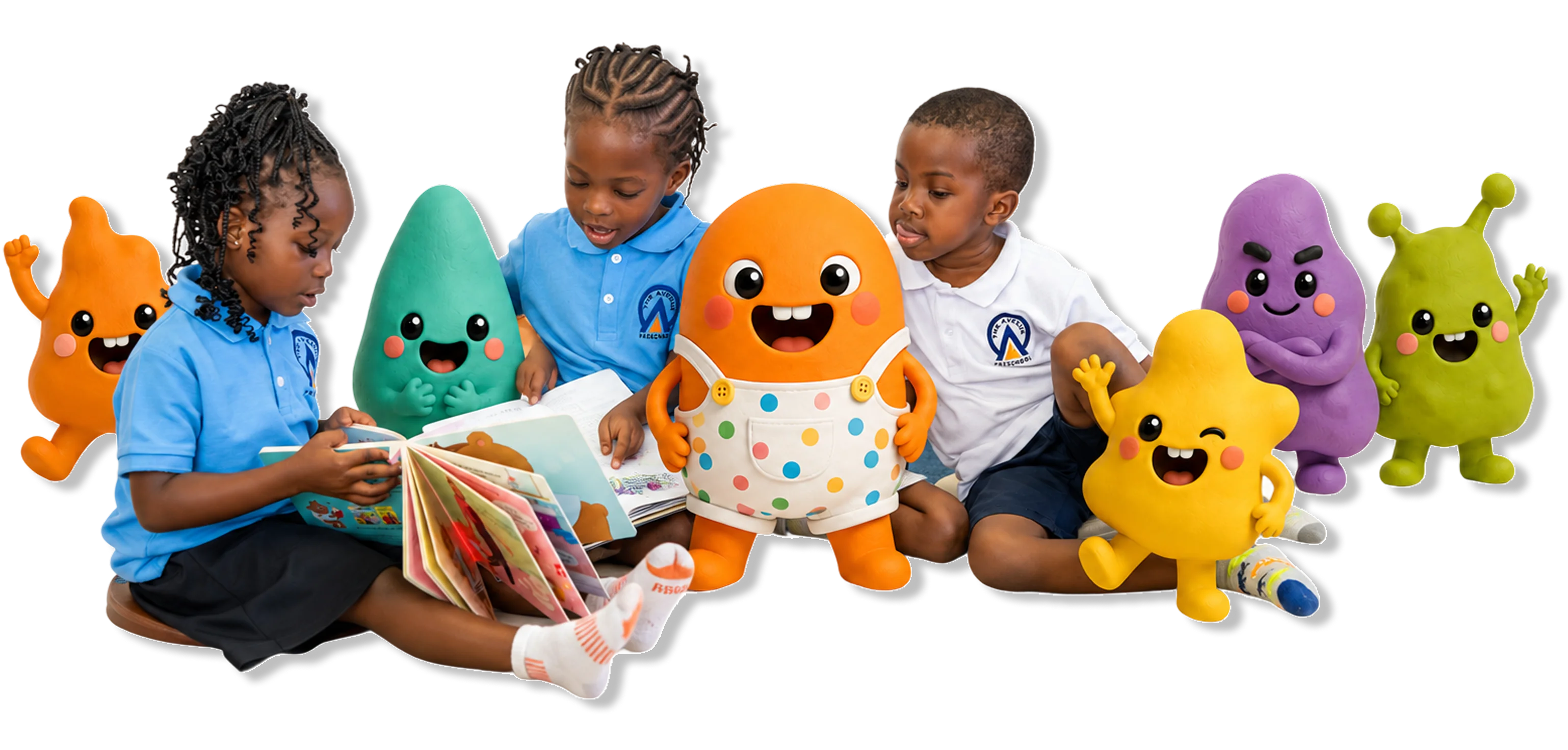 Preschool children reading with playful mascots